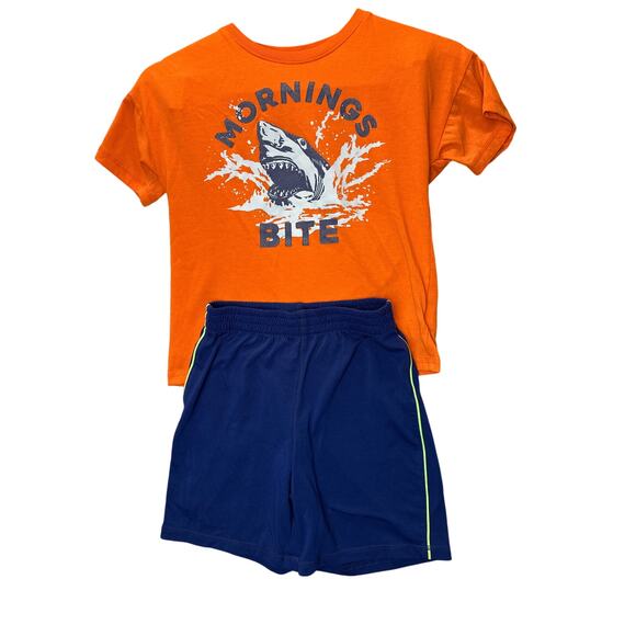 Gap Boys Pajama Set Size 8 Orange Graphic shark Top with Blue Shorts Sleepwear - Picture 1 of 9